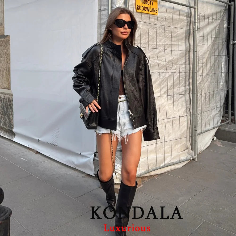 TFMLN Chic Black Faux Leather Jackets Women Long Sleeve Buttons Elastic Oversized Coats Fashion 2025 Autumn Winter Streetwear
