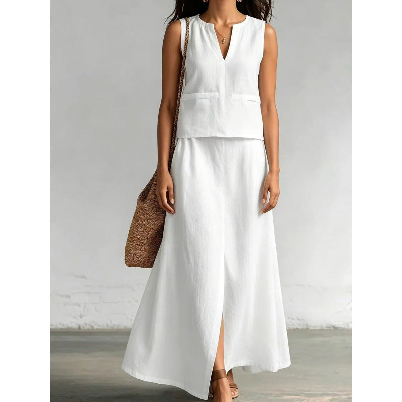 Linen Sleeveless Solid Color Cotton And Linen V-neck Sleeveless Top Casual Diagonal Pocket Skirt Suit