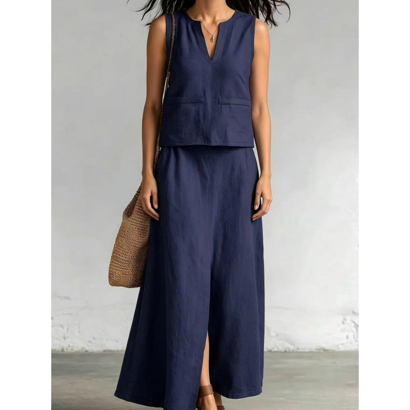 Linen Sleeveless Solid Color Cotton And Linen V-neck Sleeveless Top Casual Diagonal Pocket Skirt Suit